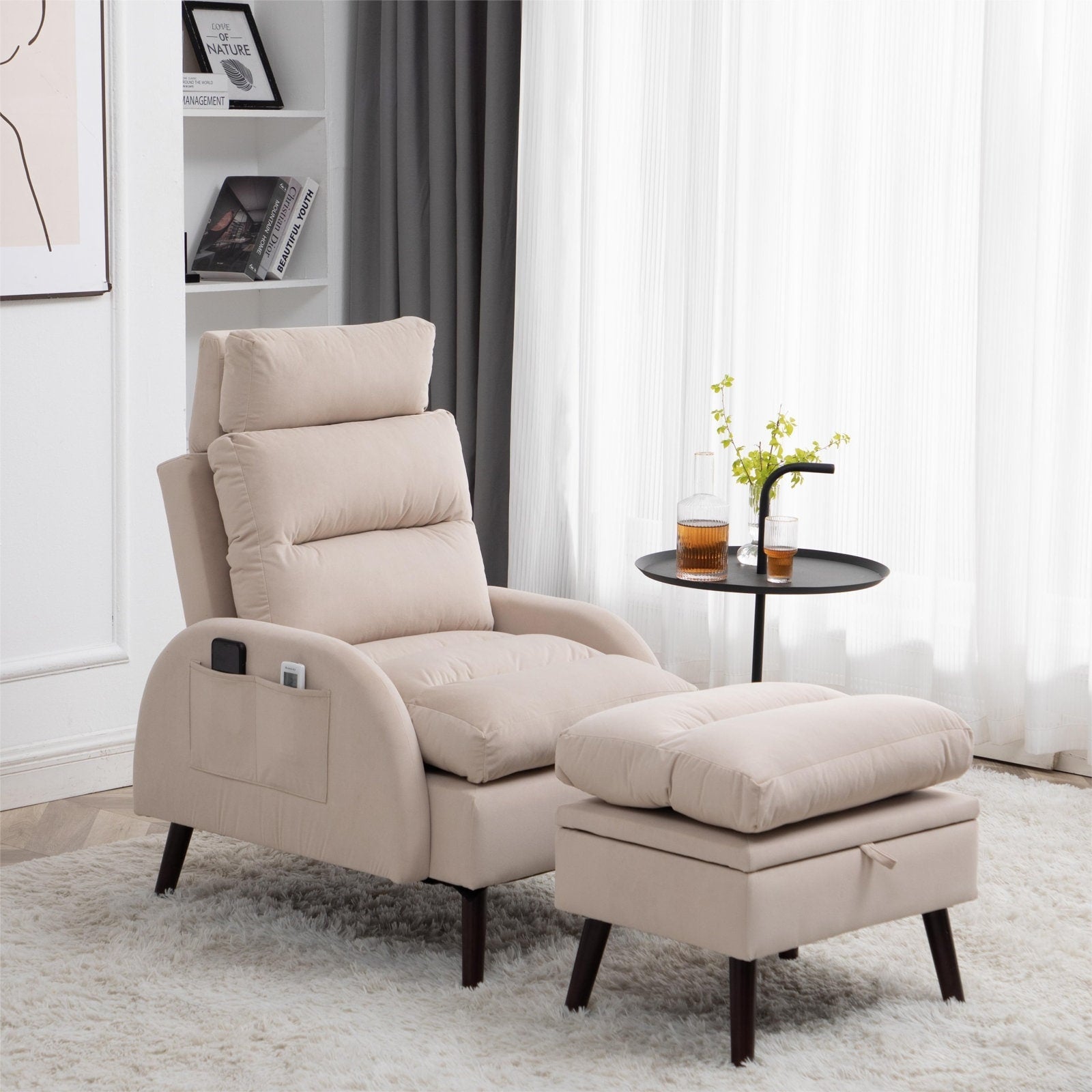 Fauteuil d'appoint HOMYKA avec dossier réglable et pouf de rangement