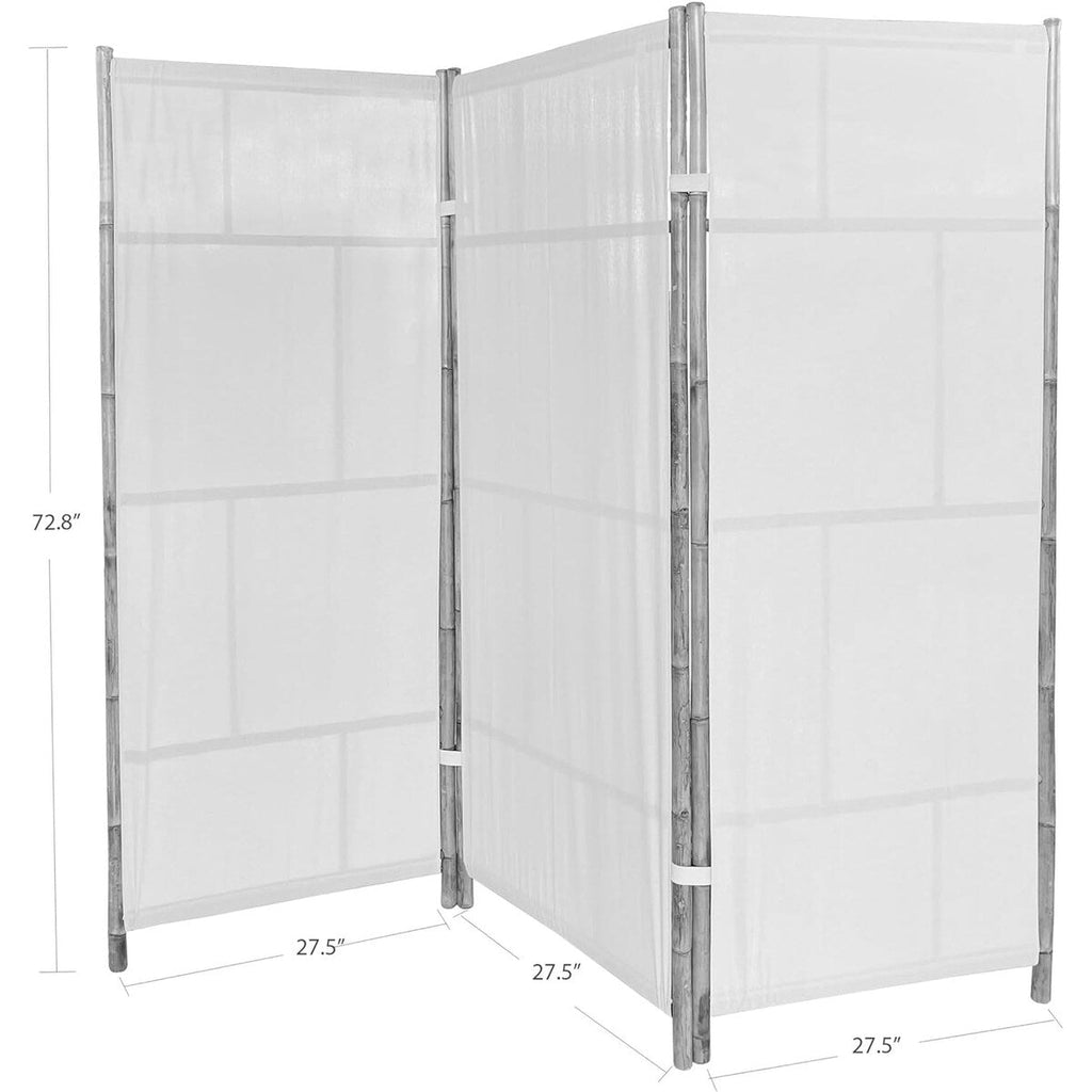 Paravent pliant en bambou à 3 panneaux, fabriqué à la main, tissu écru