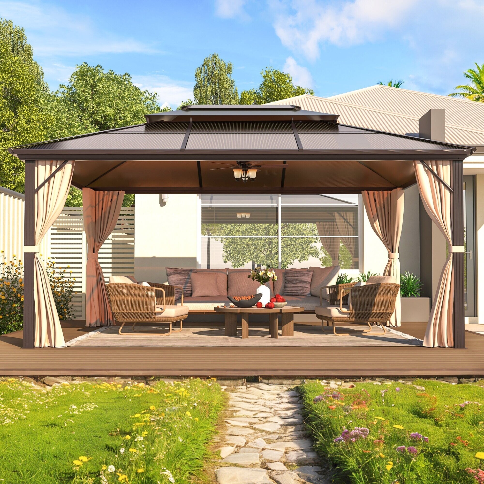 Tonnelle à toit rigide pour jardin – Pergola permanente avec filet, rideaux et double toit, abri extérieur toutes saisons