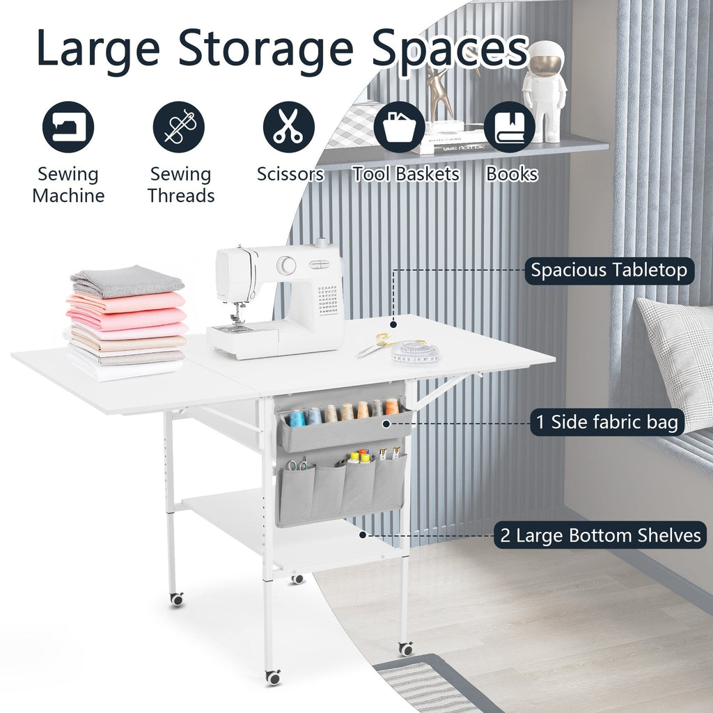 Table de bricolage réglable en hauteur avec étagères de rangement, table de découpe pliante mobile pour la maison, le bureau, la salle de couture, la salle d'artisanat