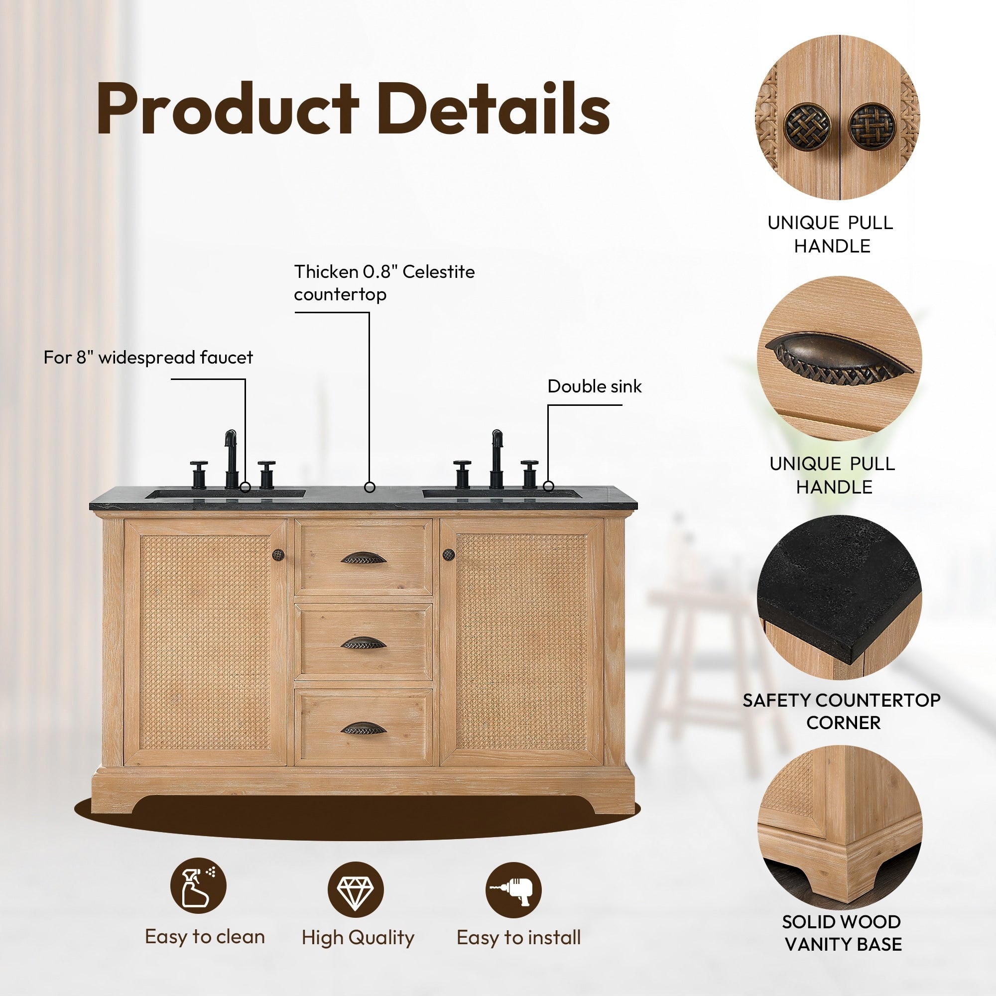 Meuble-lavabo Hervas avec plateau en marbre naturel sans miroir