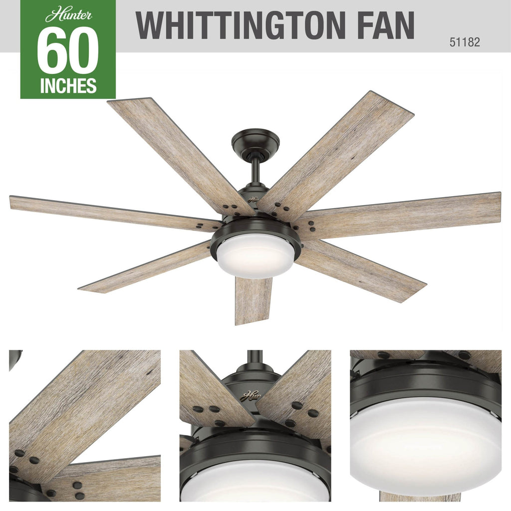 Ventilateur de plafond Hunter WiFi Whittington avec lumière LED, télécommande portable - Moulin à vent - Industriel, Ferme, Rustique - VENTILATEUR INTELLIGENT !