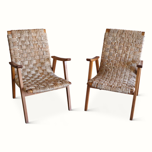 Paire de fauteuils en corde tressée française des années 1950