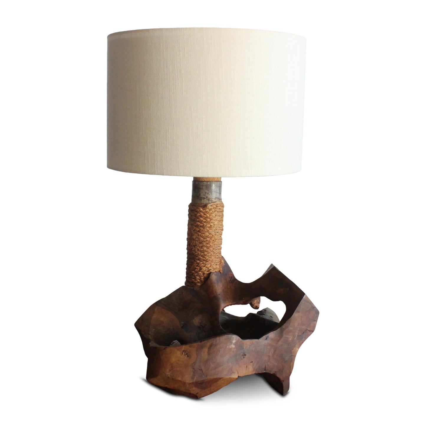 Lampe de table en bois d'olivier et corde, fabriquée en studio, France, années 1960