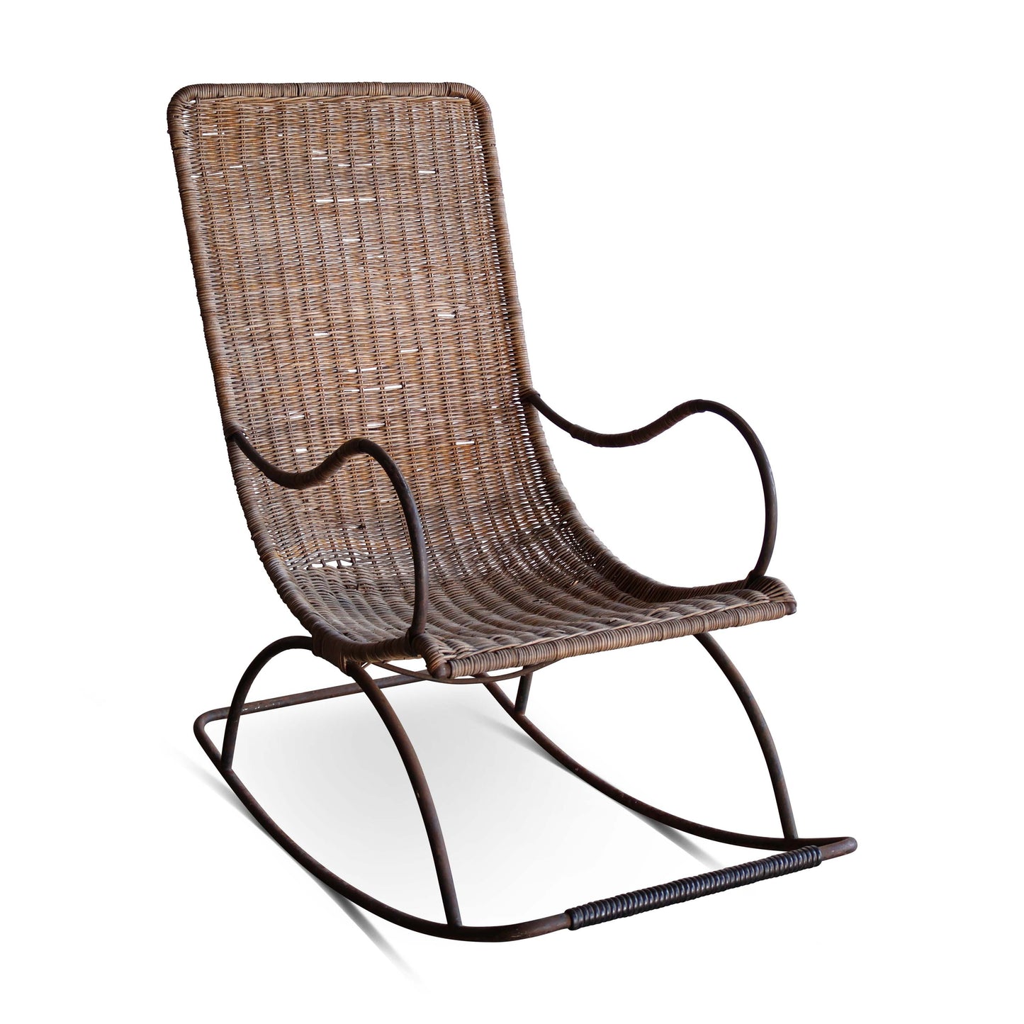 Chaise à bascule vintage en osier et en fer