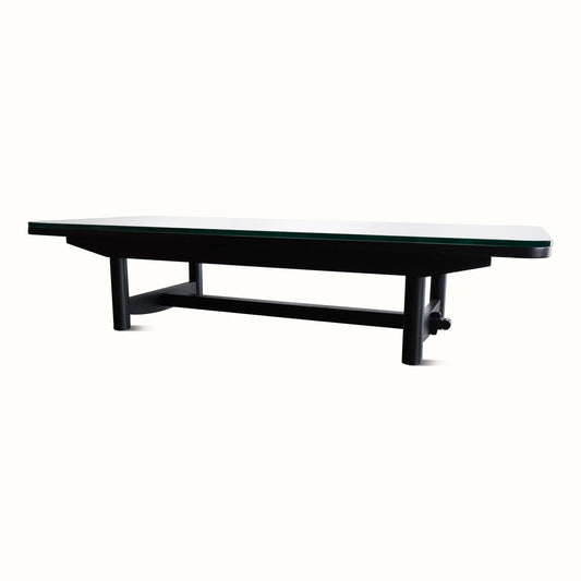 Table basse en pin noirci avec plateau en verre