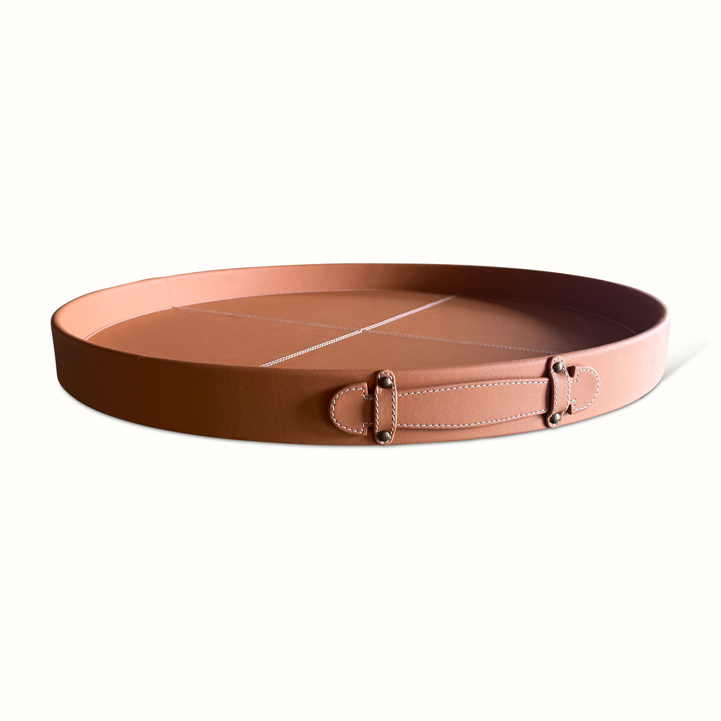 Plateau rond en cuir cousu bleu et selle
