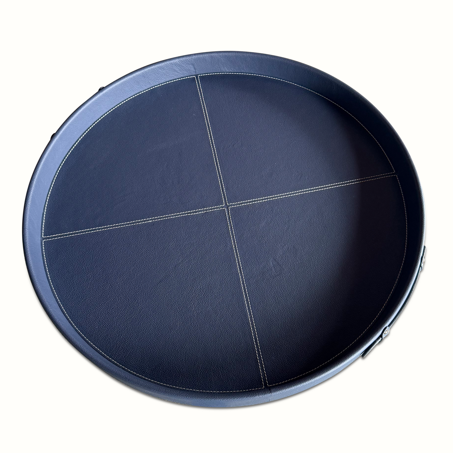 Plateau rond en cuir cousu bleu et selle