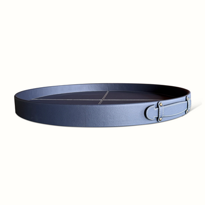Plateau rond en cuir cousu bleu et selle