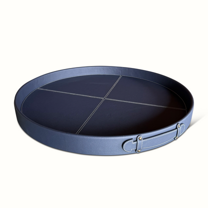 Plateau rond en cuir cousu bleu et selle