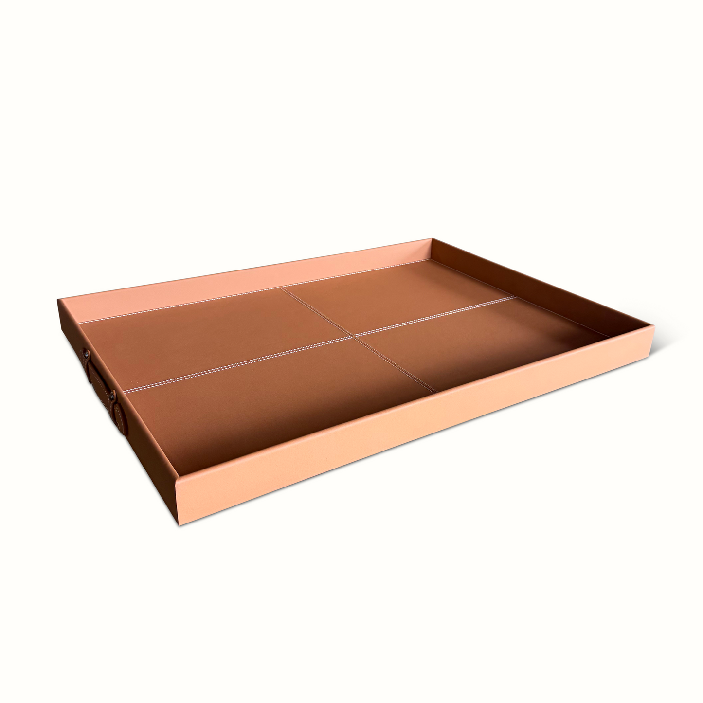 Plateau rectangulaire en cuir cousu bleu et selle