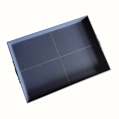 Plateau rectangulaire en cuir cousu bleu et selle