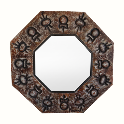 Miroir octogonal en céramique et cadre en bronze, France, années 1960