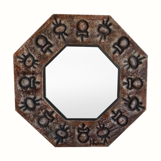 Miroir octogonal en céramique et cadre en bronze, France, années 1960