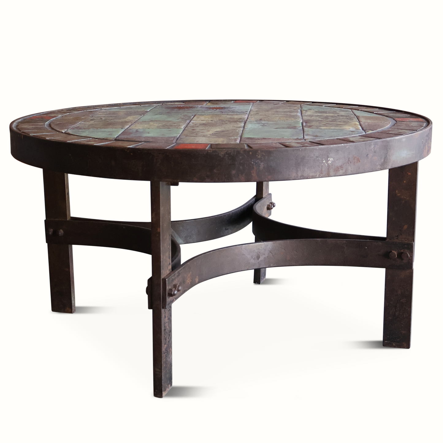 Table d'appoint brutaliste en fer et carreaux de céramique