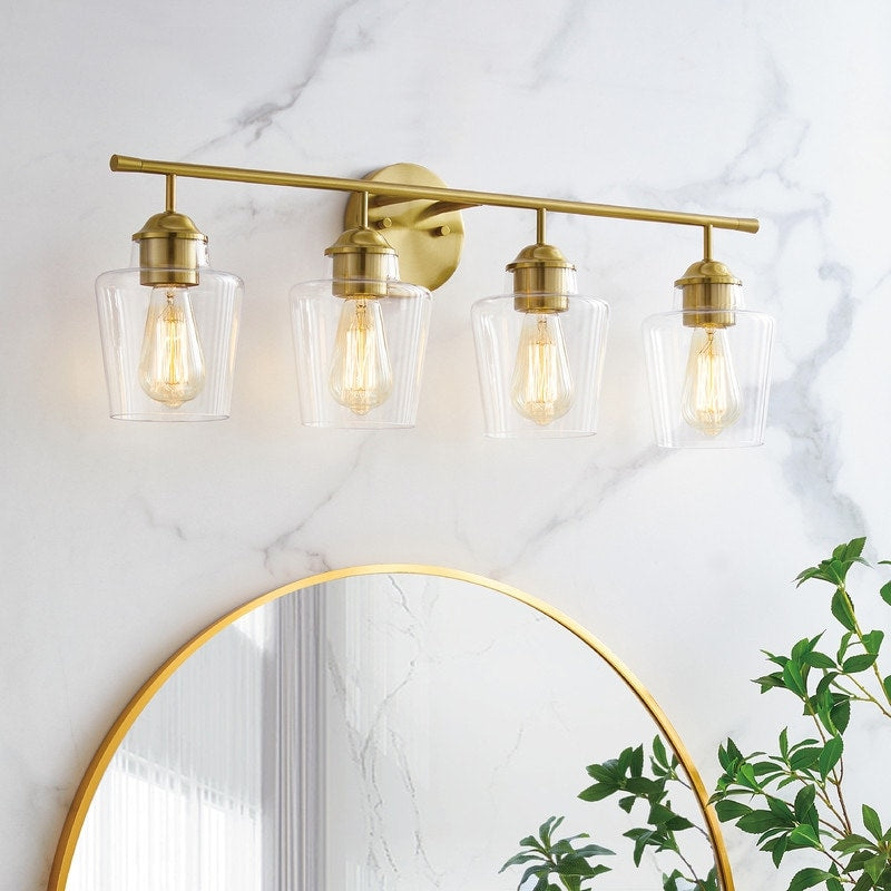 KAWOTI Lampe de salle de bain en métal à 4 lumières et abat-jour en verre à intensité variable