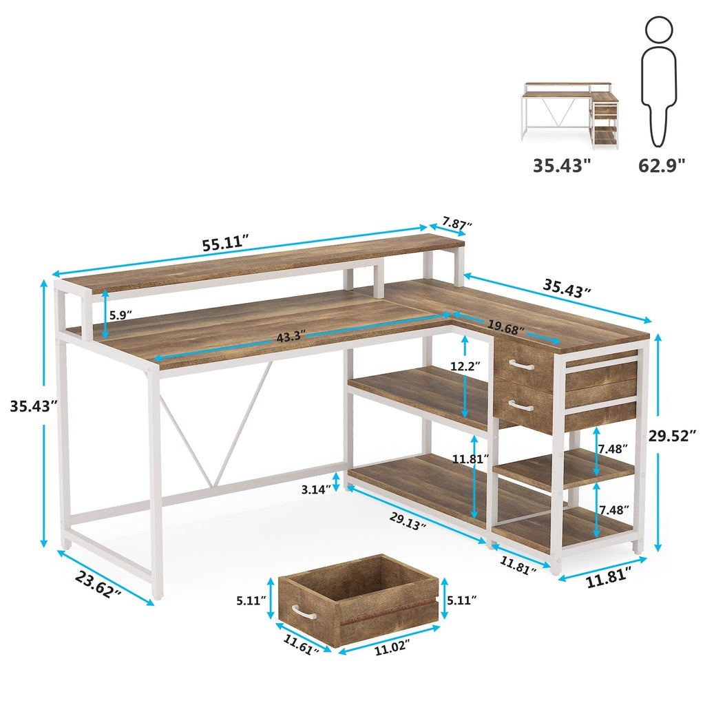 Bureau en L avec tiroir, bureau d'angle avec étagères de rangement et support d'écran, bureau PC rustique pour petits espaces