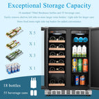 Réfrigérateur Lanbo 24 pouces à double zone, 18 bouteilles de vin et 55 canettes de boissons, en acier inoxydable et verre, avec porte française