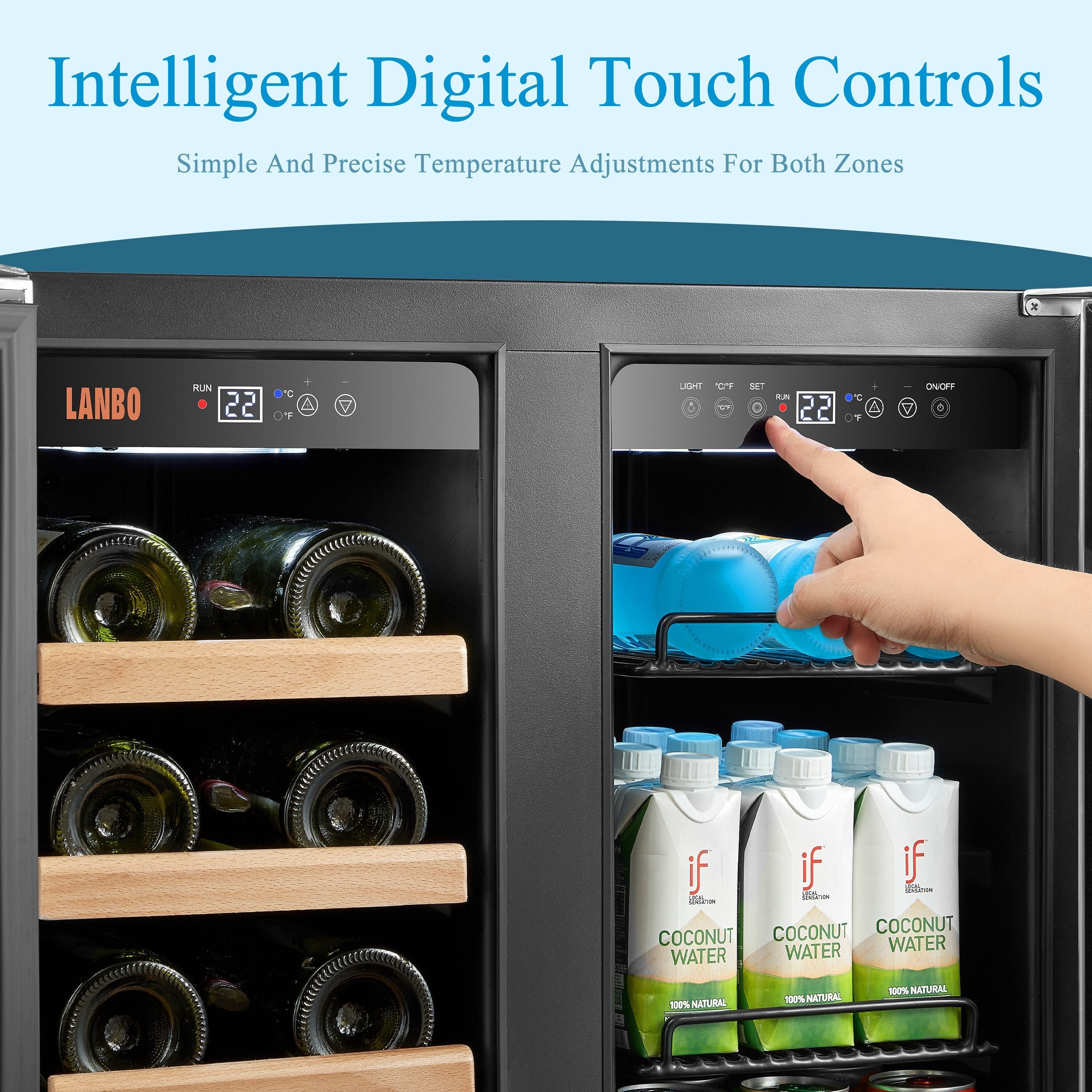 Réfrigérateur Lanbo 24 pouces à double zone, 18 bouteilles de vin et 55 canettes de boissons, en acier inoxydable et verre, avec porte française