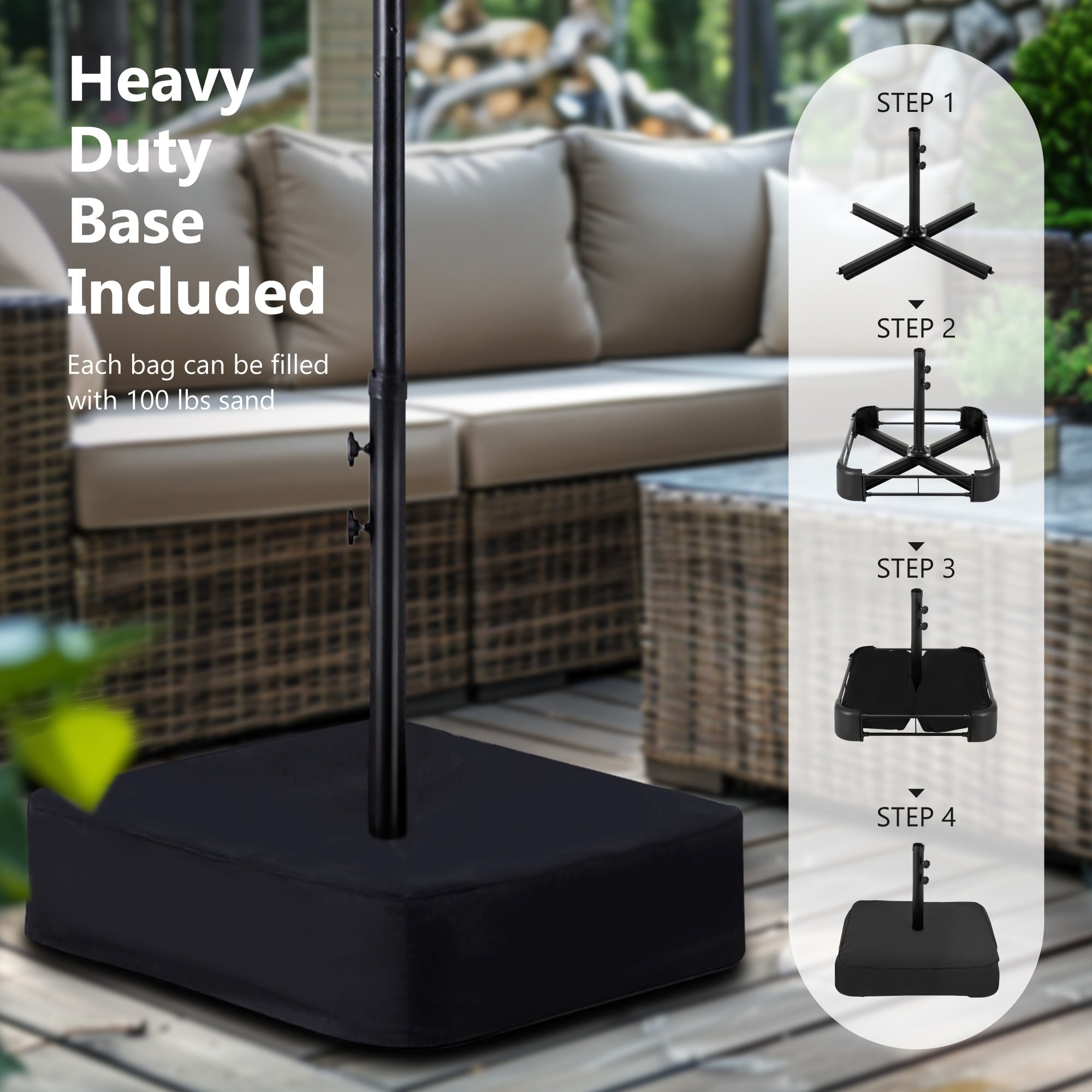 MAISON ARTS Parasol de marché extérieur rectangulaire à manivelle double face de 15 pieds Parasol de patio éclairé par LED solaire avec base incluse