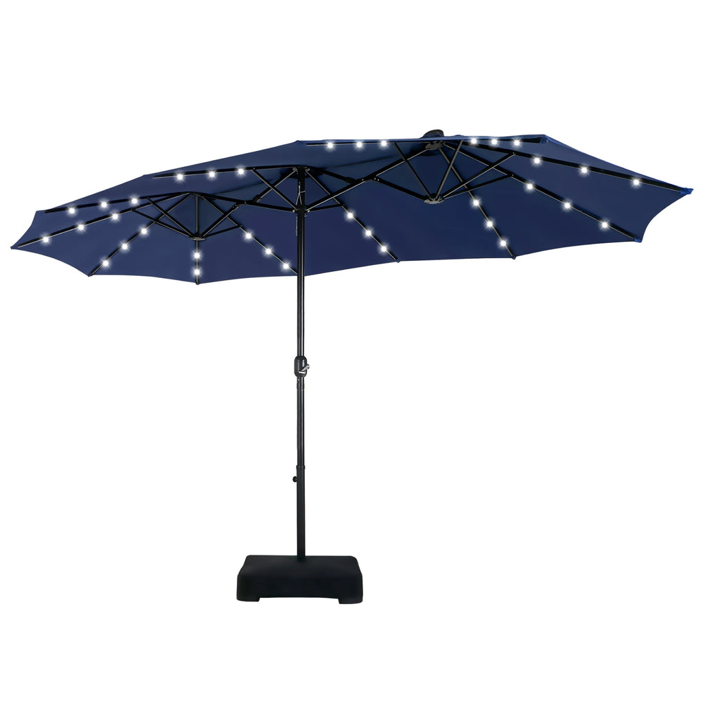 MAISON ARTS Parasol de marché extérieur rectangulaire à manivelle double face de 15 pieds Parasol de patio éclairé par LED solaire avec base incluse