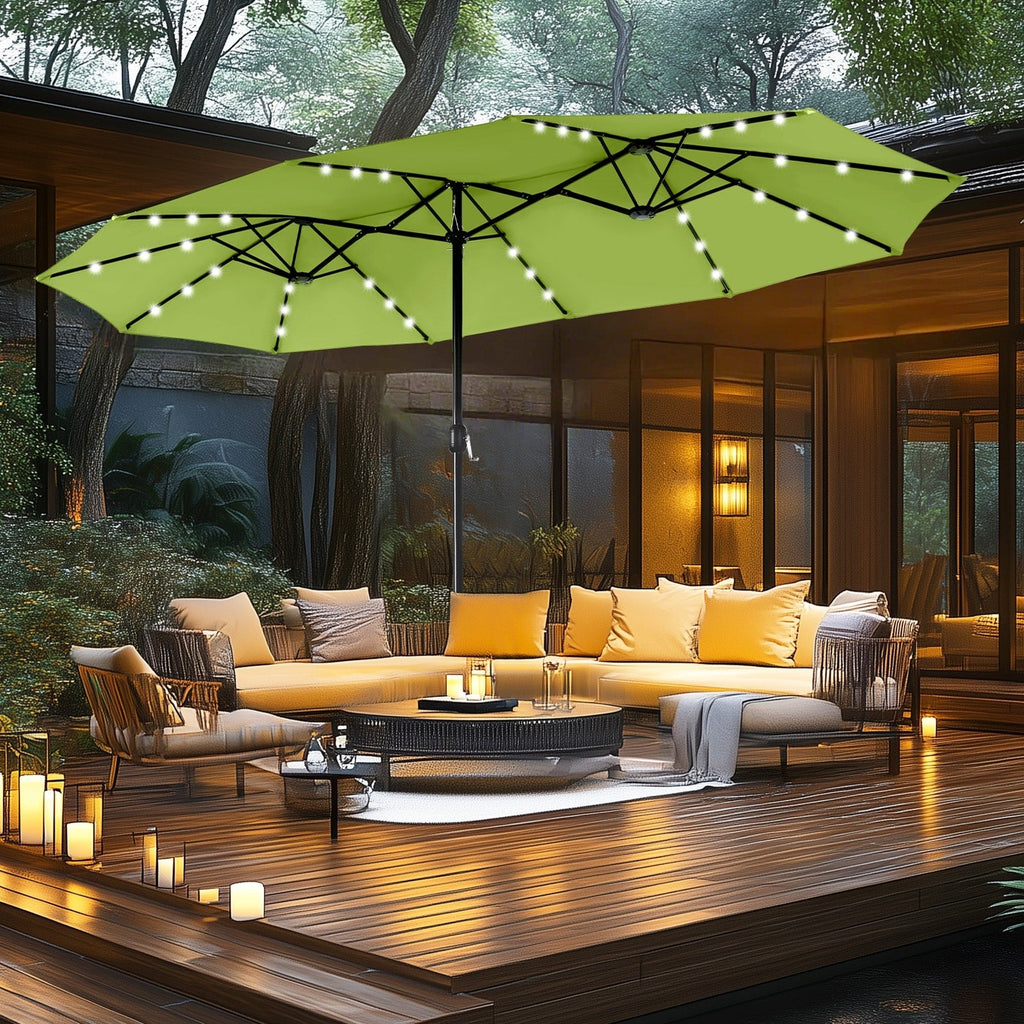 MAISON ARTS Parasol de marché extérieur rectangulaire à manivelle double face de 15 pieds Parasol de patio éclairé par LED solaire avec base incluse