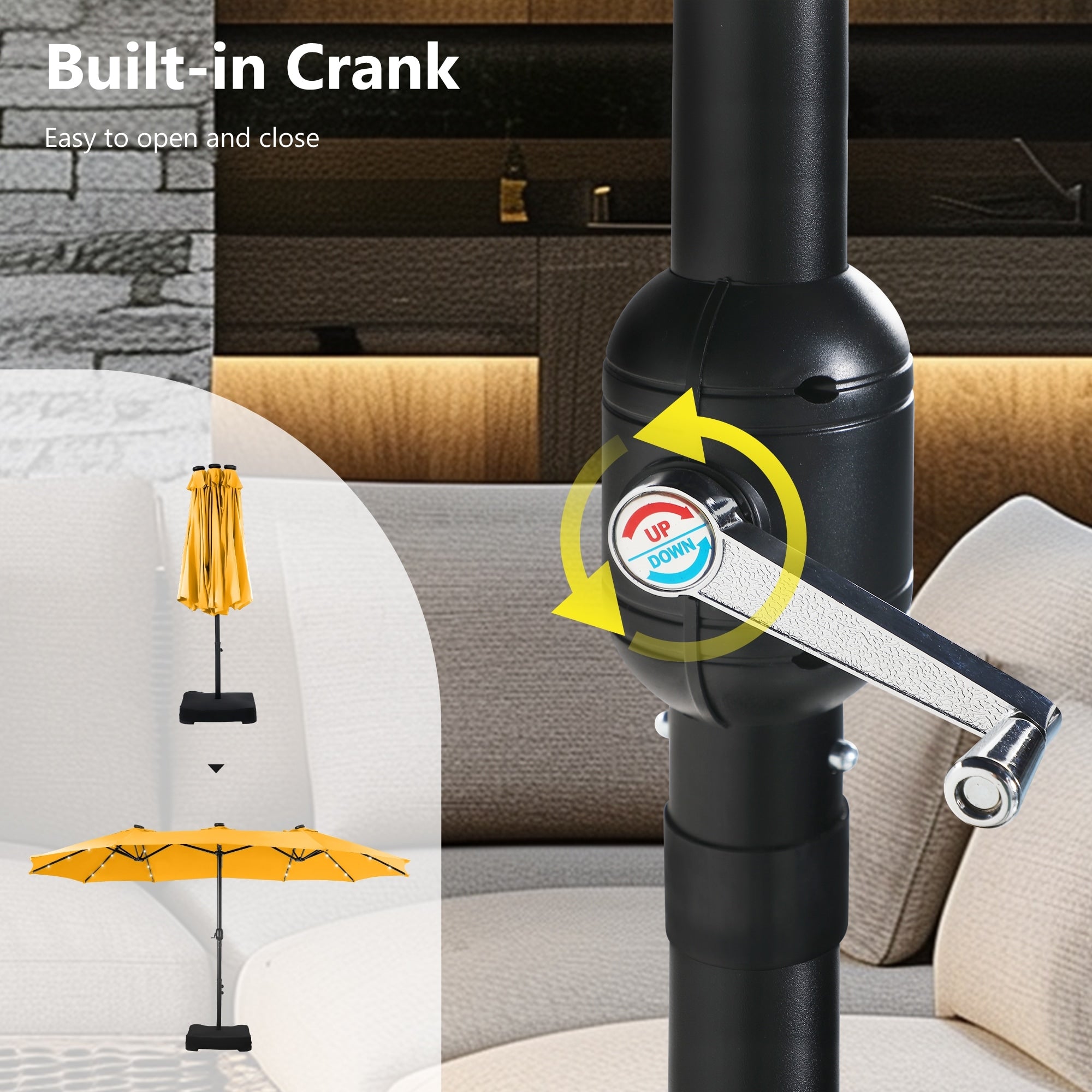 MAISON ARTS Parasol de marché extérieur rectangulaire à manivelle double face de 15 pieds Parasol de patio éclairé par LED solaire avec base incluse