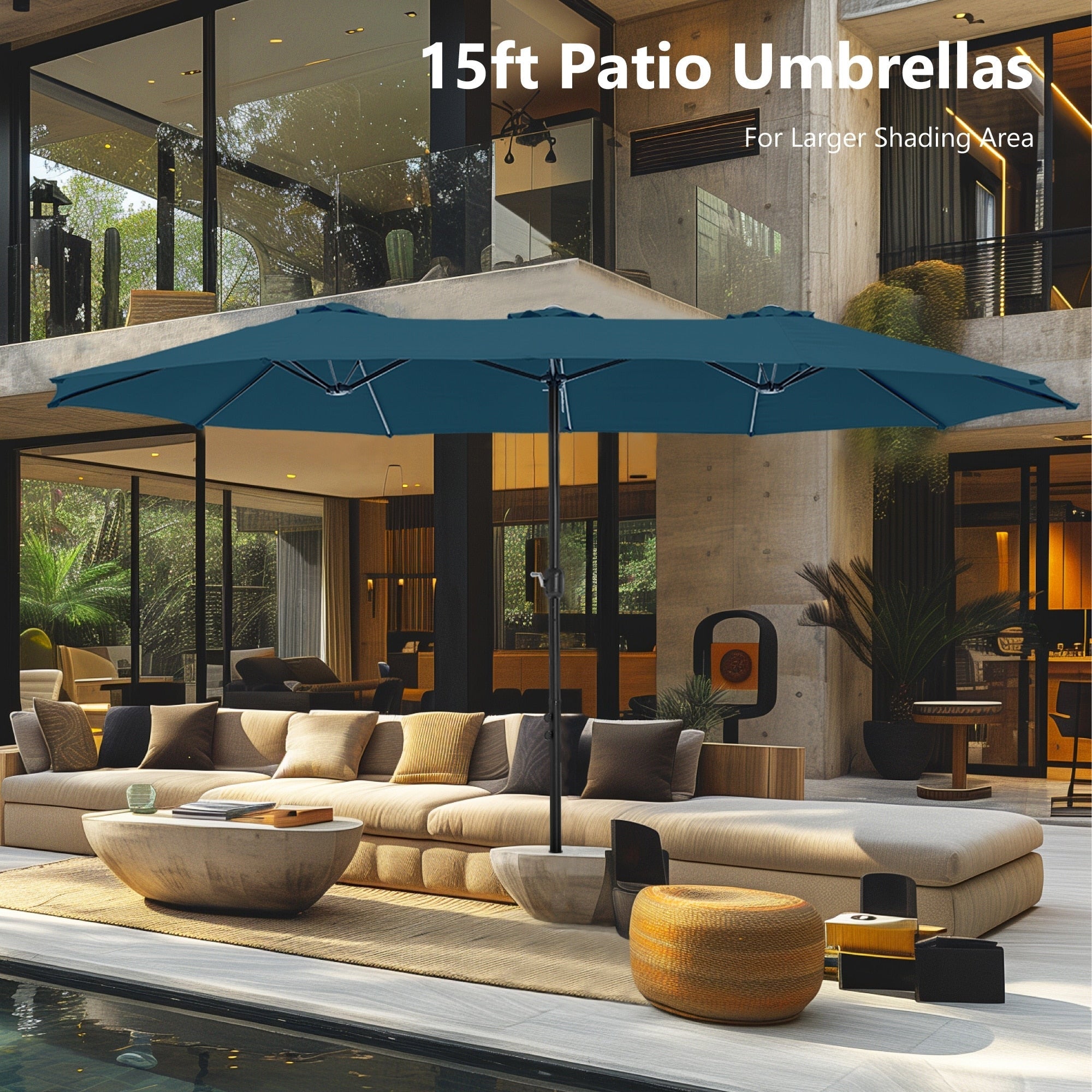 Parasol double extra large de 15 pieds pour patio double face de MAISON ARTS avec base incluse