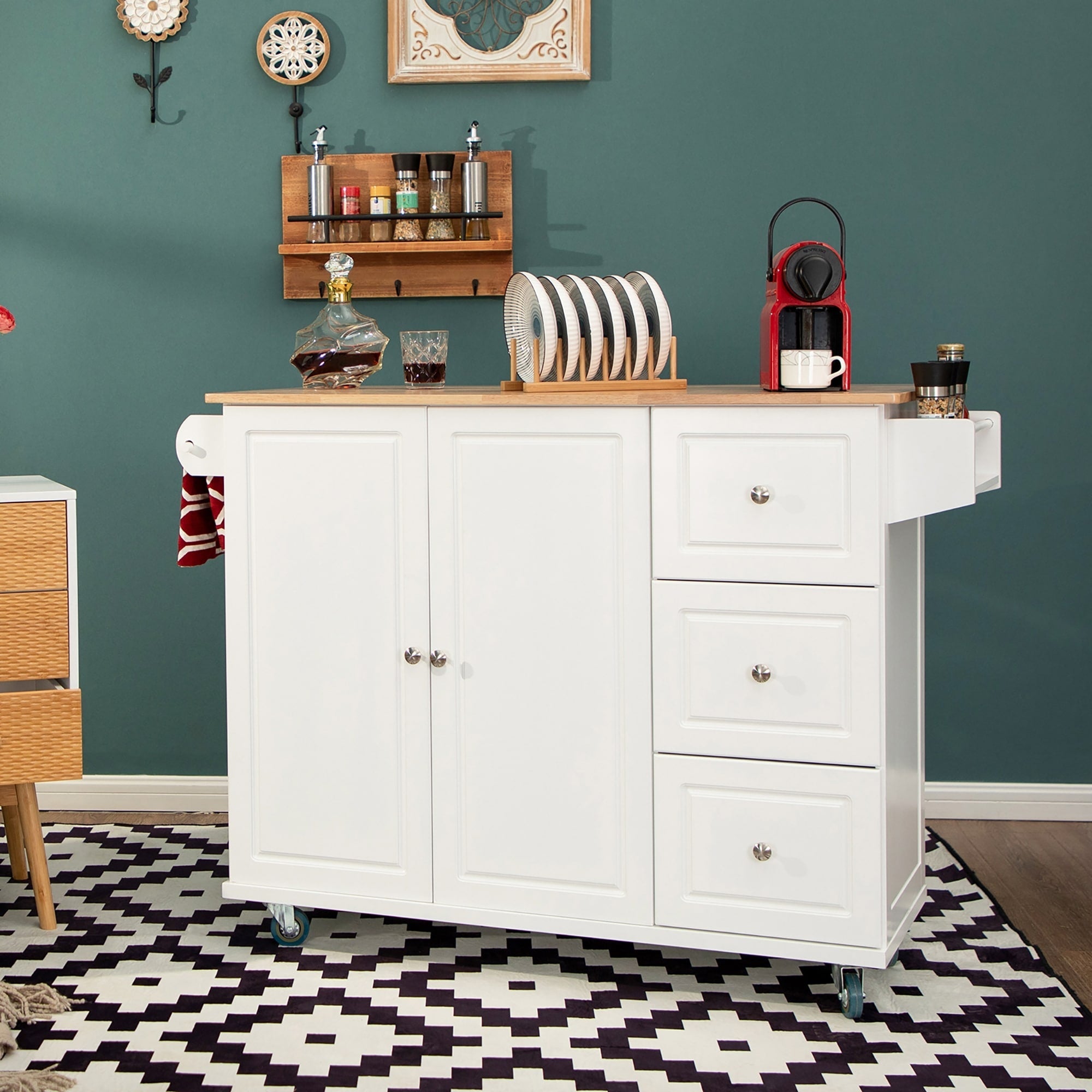 Desserte de cuisine Sophia &amp; William avec abattant et plateau en bois d'hévéa, desserte de cuisine roulante avec grand meuble de rangement