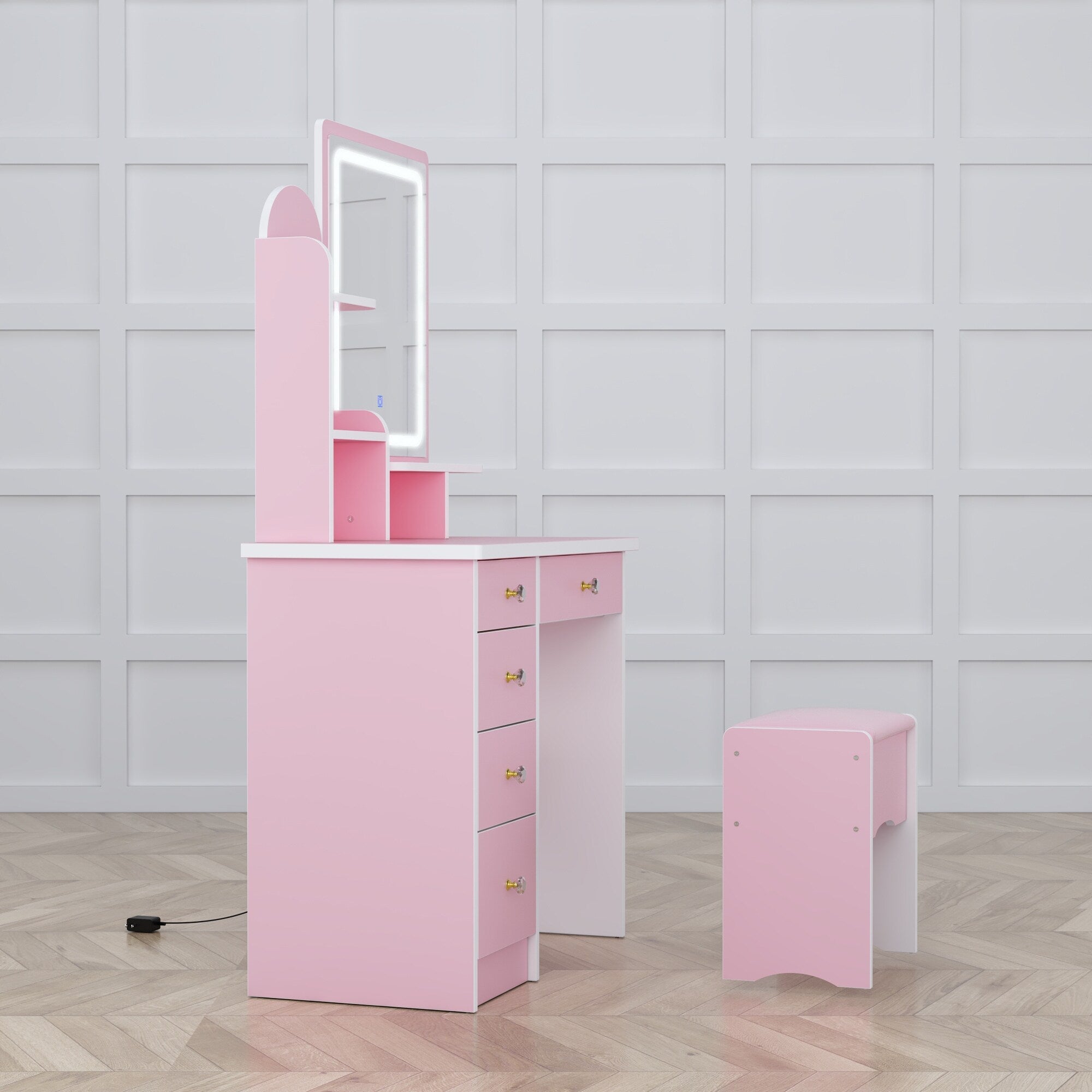 Coiffeuse avec éclairage LED, miroir et tabouret