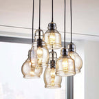 Suspension Mariana à 6 lumières en verre cognac noir antique et base ronde