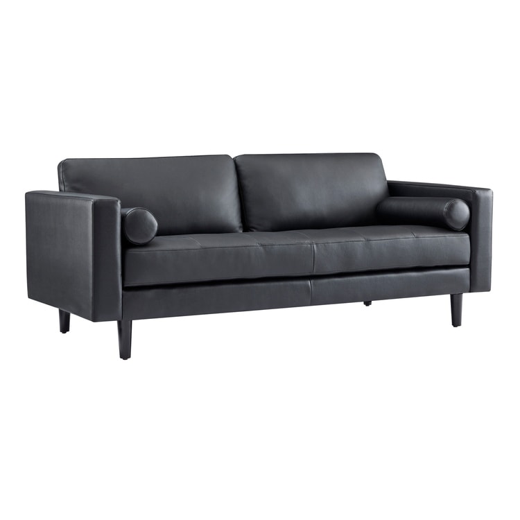 Canapé moderne en cuir véritable avec pieds en bois et coussin traversin supplémentaire