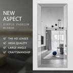 Miroir mural métallique élégant, biseauté et réfléchissant, argenté, pleine longueur