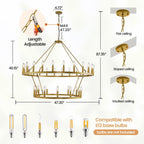 Lustre de ferme moderne à 2 niveaux, lustre rond en forme de roue de chariot, grand plafonnier haut.