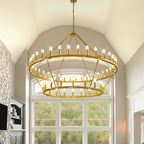 Lustre de ferme moderne à 2 niveaux, lustre rond en forme de roue de chariot, grand plafonnier haut.