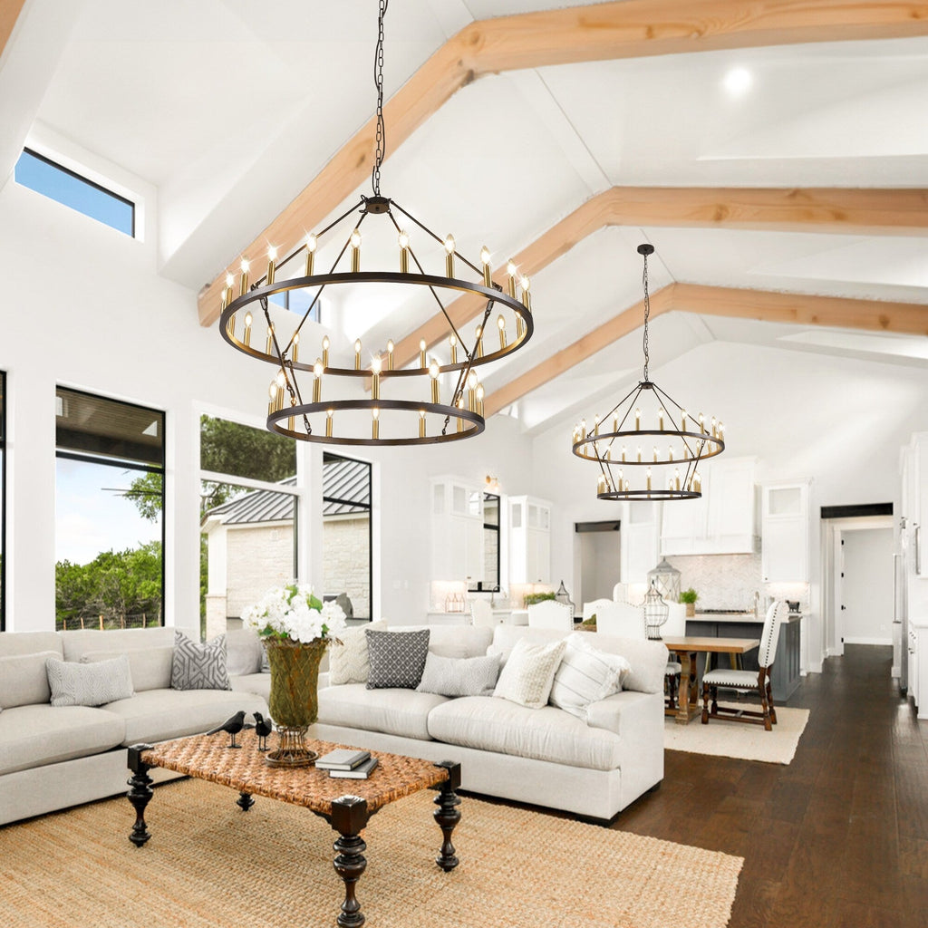 Lustre de ferme moderne à 2 niveaux, lustre rond en forme de roue de chariot, grand plafonnier haut.