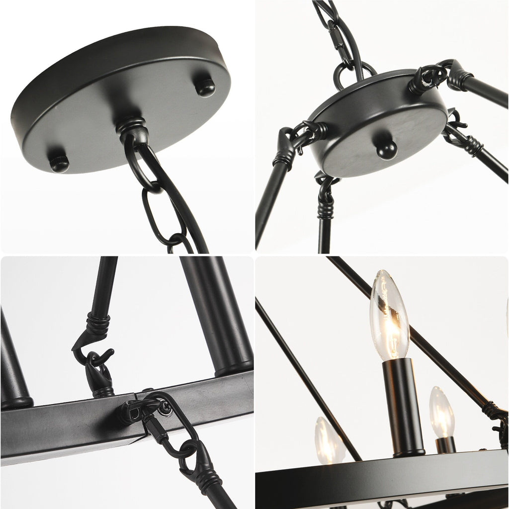 Lustre de ferme moderne à 2 niveaux, lustre rond en forme de roue de chariot, grand plafonnier haut.