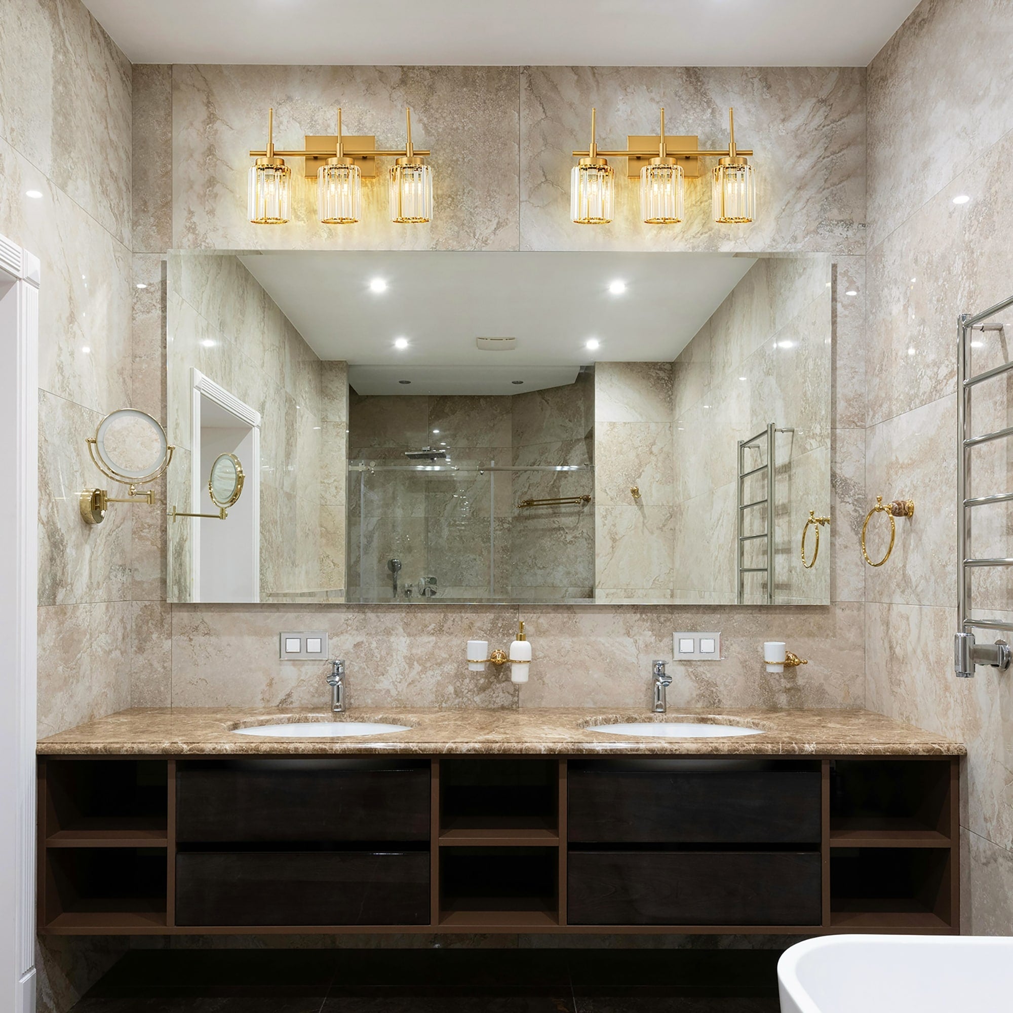 Applique murale moderne dorée à intensité variable, style cylindre glamour pour salle de bain, en cristal, pour meuble-lavabo