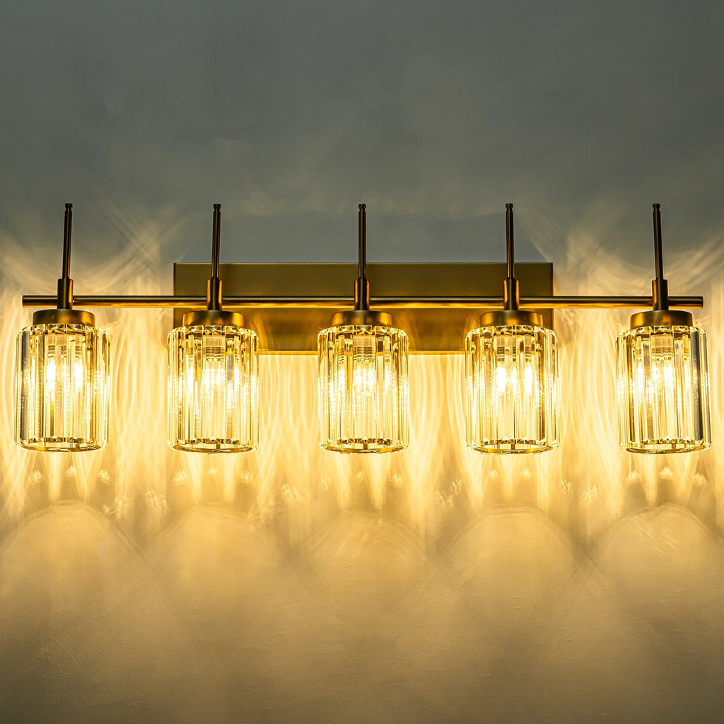 Applique murale moderne dorée à intensité variable, style cylindre glamour pour salle de bain, en cristal, pour meuble-lavabo