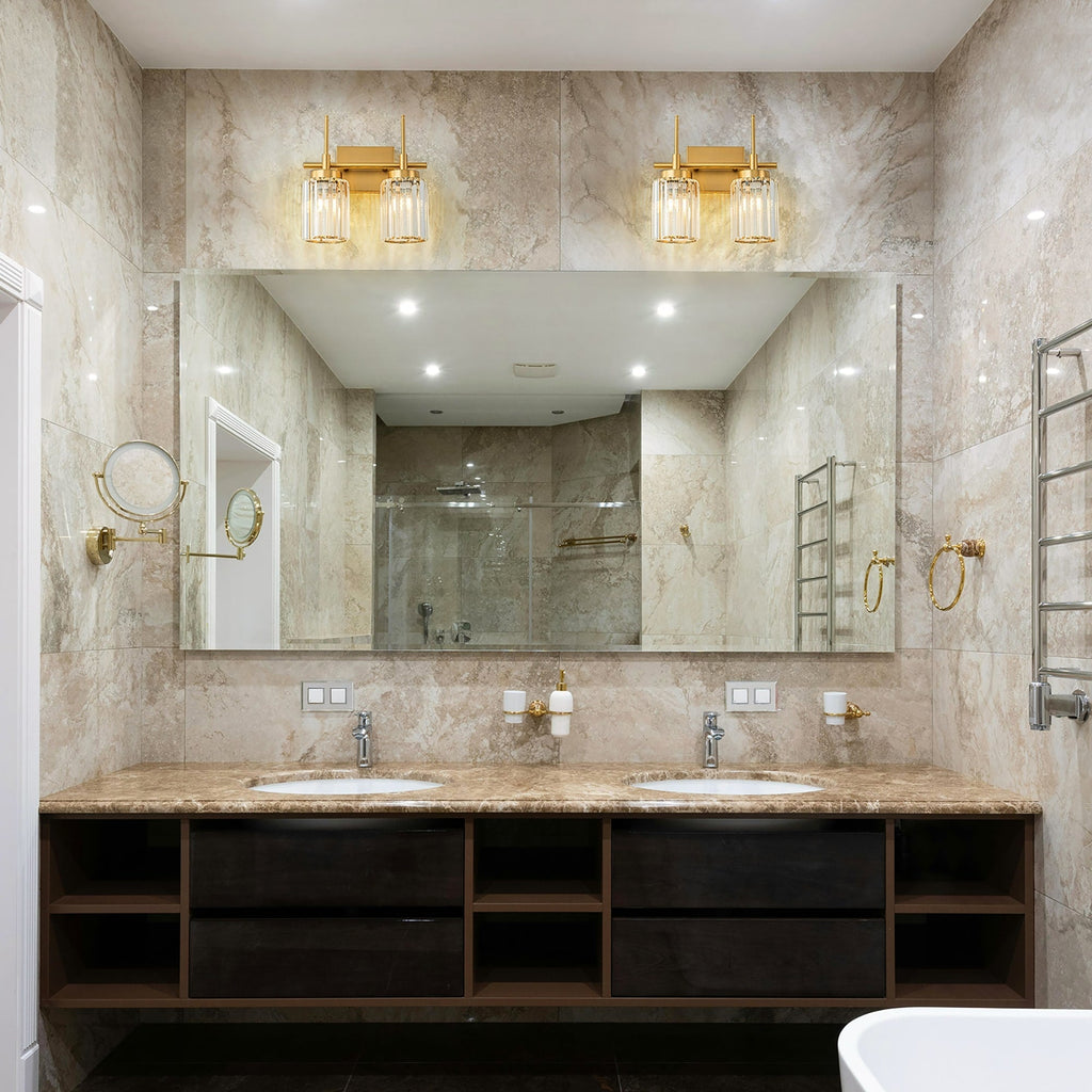 Applique murale moderne dorée à intensité variable, style cylindre glamour pour salle de bain, en cristal, pour meuble-lavabo