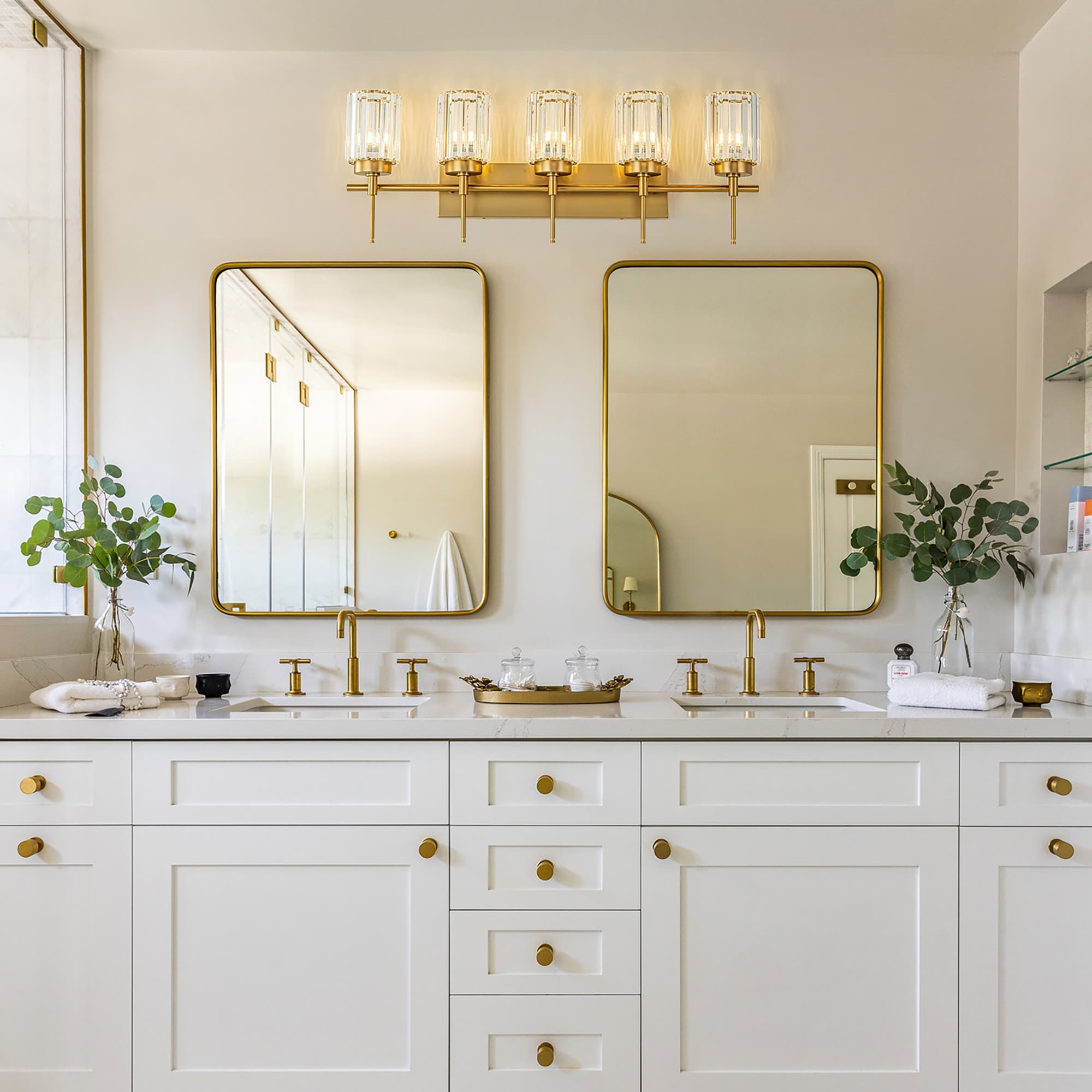 Applique murale moderne dorée à intensité variable, style cylindre glamour pour salle de bain, en cristal, pour meuble-lavabo