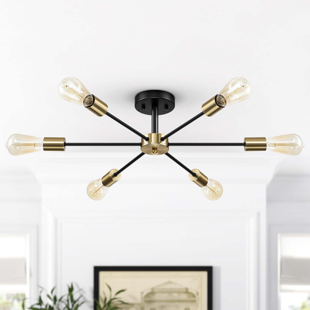 Black/ Gold Sputnik Semi Flush Mount Lamp Close to Ceiling Light Fixture for Living Room/ Kitchen/ Office/ Bedroom/ Foyer