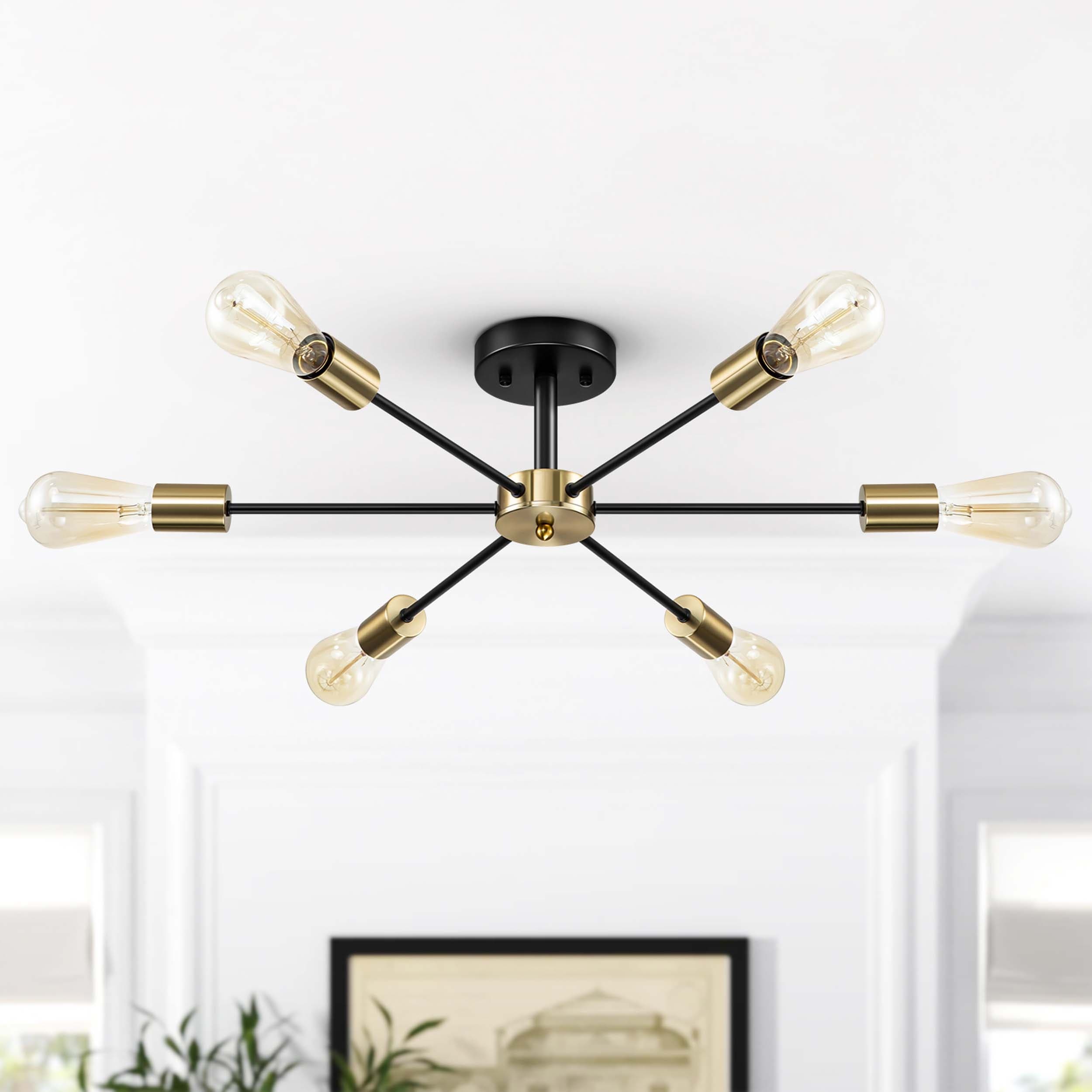 Black/ Gold Sputnik Semi Flush Mount Lamp Close to Ceiling Light Fixture for Living Room/ Kitchen/ Office/ Bedroom/ Foyer
