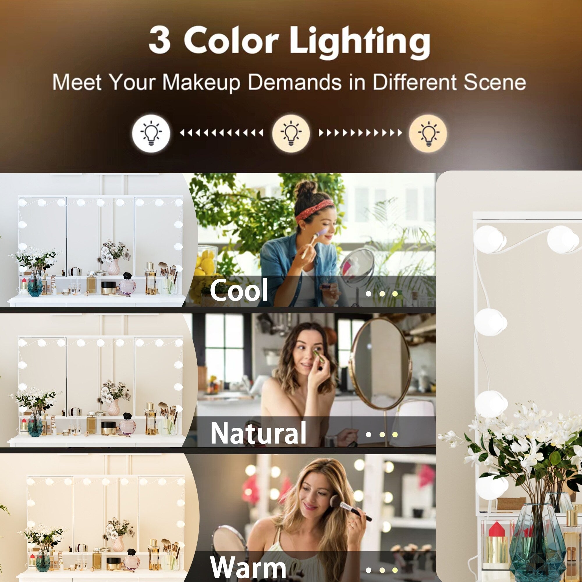 Miroir de maquillage pliable blanc moderne avec éclairage réglable - 40,2 x 54,1