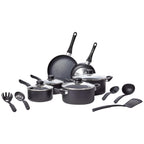 Batterie de cuisine antiadhésive 15 pièces, casseroles, poêles et ustensiles, noir