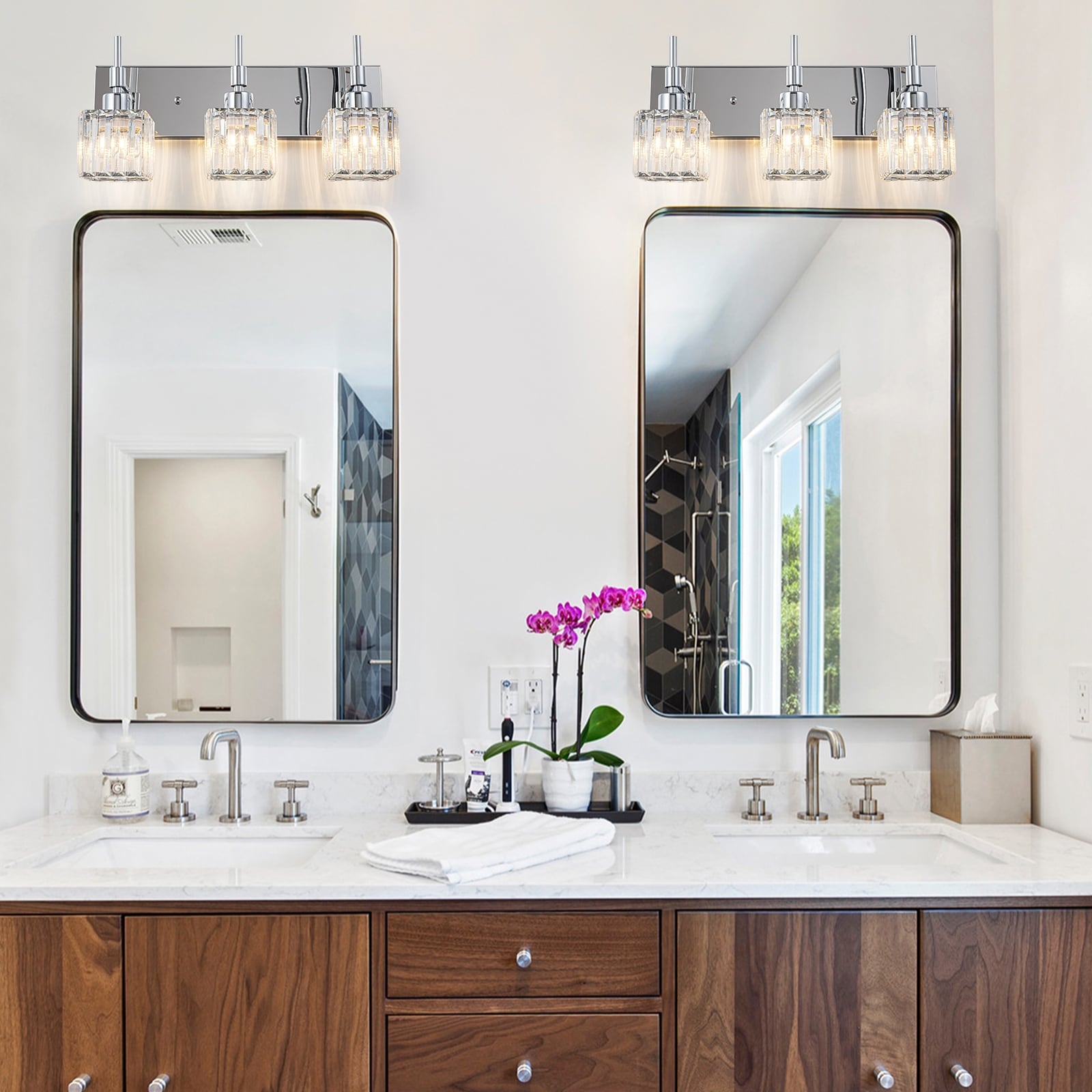 Luminaires de salle de bain en cristal à intensité variable Ora Modern sur miroir Glam Vanity Lights