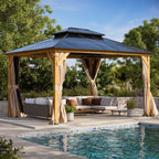 Gazebo à toit rigide EROMMY, pergola d'extérieur avec double toit, filet et rideaux, auvent robuste pour patio, arrière-cour, fête au bord de la piscine