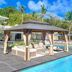 Gazebo à toit rigide EROMMY, pergola d'extérieur avec double toit, filet et rideaux, auvent robuste pour patio, arrière-cour, fête au bord de la piscine