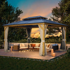 Gazebo à toit rigide EROMMY, pergola d'extérieur avec double toit, filet et rideaux, auvent robuste pour patio, arrière-cour, fête au bord de la piscine