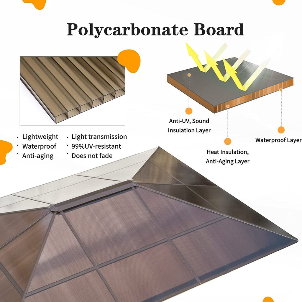 Gazebo à toit rigide EROMMY, pergola d'extérieur avec double toit, filet et rideaux, auvent robuste pour patio, arrière-cour, fête au bord de la piscine